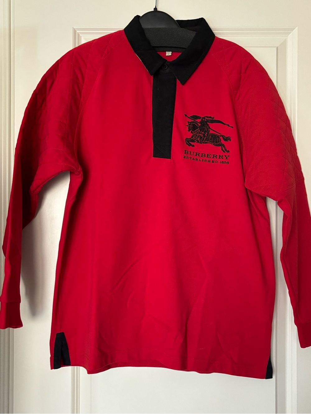 Burberry Red Long Sleeve Polo with Black Collar and Logo